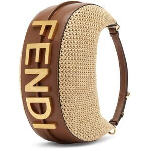NEW FENDI FF FENDIGRAPHY SUMMER RAFFIA LEATHER SMALL HOBO BROWN LEATHER BAG NWT!
